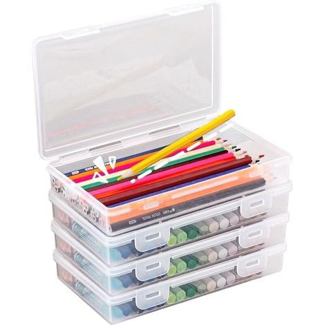 Boîte à stylos, lot de 4 boîtes de rangement empilables, robustes et durables, sans BPA, boîte de rangement à clipser pour fournitures de bureau, matériel de loisirs créatifs, école, famille, très pra (1/5)