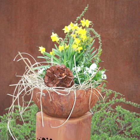 Colonne Décorative de Jardin Motif Pissenlit avec Vasque en Métal Aspect Rouille Vintage 1 m - PANGIVO
