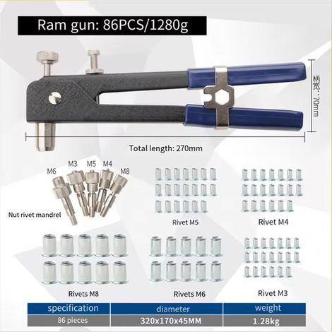 Kit de 86 écrous à sertir, pistolet à écrous manuel, compatible avec un extracteur d'écrous manuel.