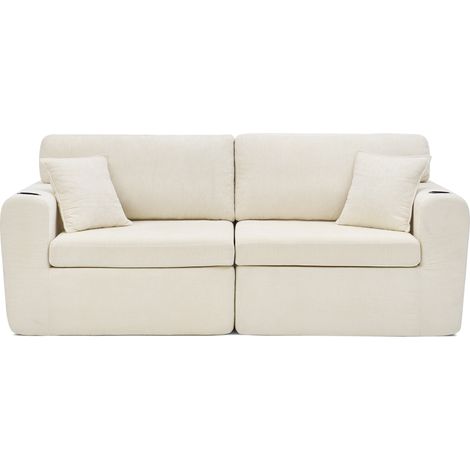 Sofá relax de 2 plazas en chenilla beige para espacios pequeños con cojines y posavasos (1/5)