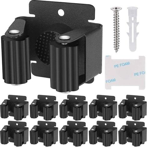 10 tool holders. Wall-mounted broom holders. Wall-mounted broom holders. Garden tool holders. Wall mount for mops, brooms, shovels, and tools.