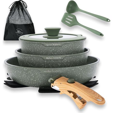 Kitchen Academy Topfset 10tlg, Topf Pfannenset mit Glasdeckeln, Marmorbeschichtung Antihaft-Versiegelung Kochgeschirr-Set, induktionsgeeignet, Maseriger glater Griff, Grün