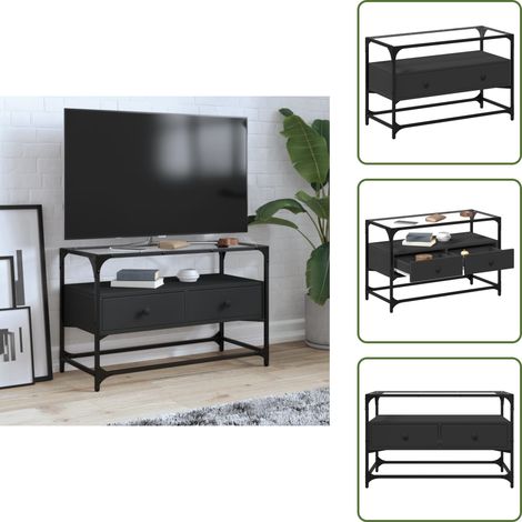 TV-Schrank mit Glasplatte Schwarz 80x35x51 cm Holzwerkstoff - TV Schrank - Holzwerkstoff - Glastischplatte - Industrielles Design - Wohnzimmermöbel (1/5)