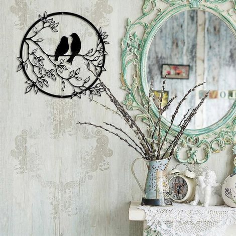 Décoration murale ronde en métal représentant un oiseau sur une branche d'arbre (silhouette) - Idéale pour une pendaison de crémaillère. (1/4)