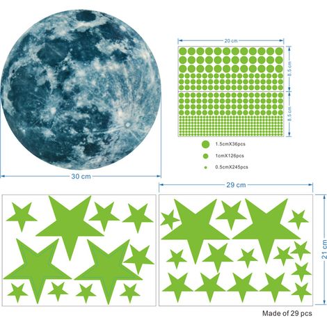 Autocollants Lumineux 3D Luminous avec Points et Lune Décor Murale Fluorescent pour Chambre Enfant Nursery Plafond Set (1 Lune + 435 Points) PVC Éco Matériel (1/5)