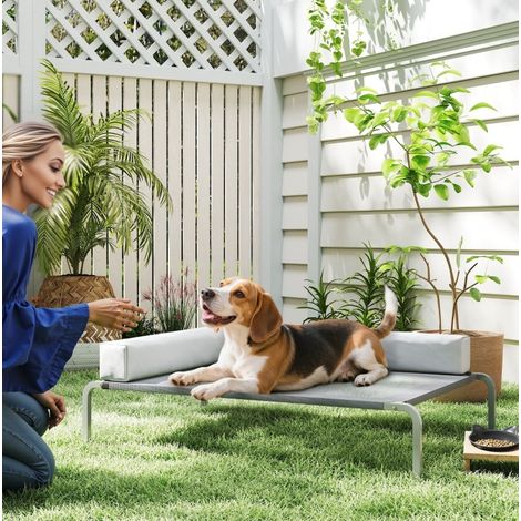 Lettino rialzato per cani 110x75x30 cm, con cuscino a L, traspirante, poliestere, grigio chiaro (1/5)