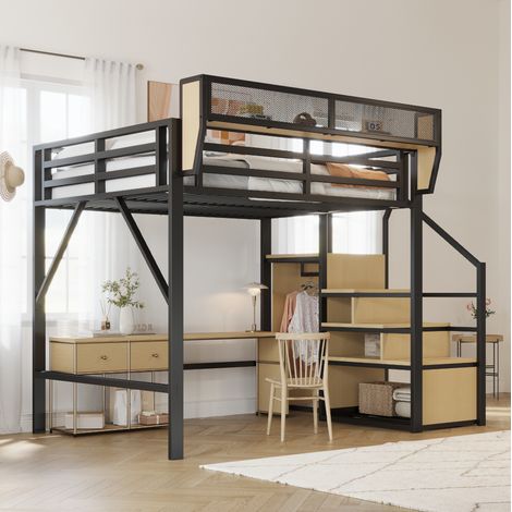 lit 140x200 mezzanine avec rangement métal noir HAVRYA (1/5)
