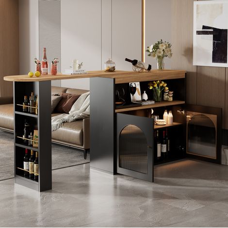 Barra de bar 138-193x39x105 cm negro en MDF giratoria con almacenamiento y LED (1/5)
