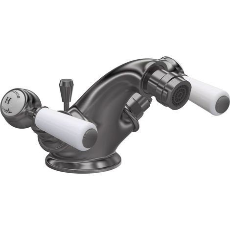 Hudson Reed Topaz Hexagonal Collar Bidet Mixer Tap with Waste Lever Handle - White/Brushed Pewter (1/2)