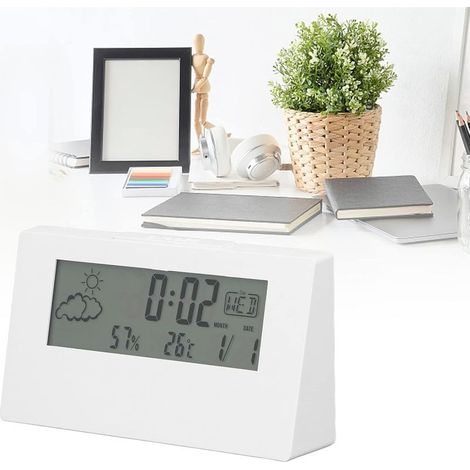 Sveglia digitale intelligente con luce notturna, visualizzazione di ora, data, temperatura e umidità, funzionamento a batterie (bianca) (1/5)