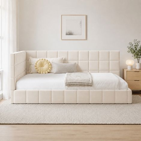 Sofá cama 140x200 cm con respaldo, beige, madera, sin colchón FloraGrace (1/5)