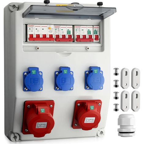 Coffret Électrique de Chantier IP66 avec 3 Prises Schuko+1 CEE 16A/32A et Disjoncteur FI+LS,Coffret Chantier Répartiteur Mural Etanche,Distributeur de Courant pour Extérieur,Jardin(type-F) (1/5)