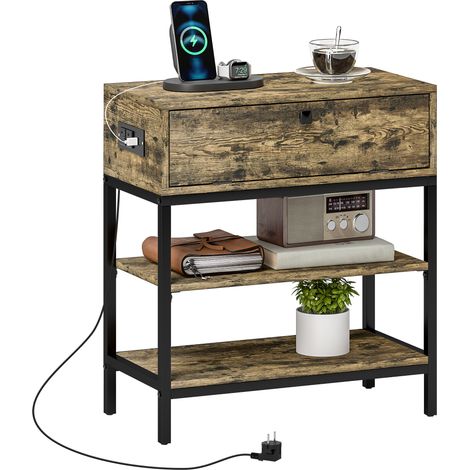 Tavolino ausiliario con cassetto e 2 ripiani, dotato di 2 prese elettriche e 2 porte USB, in stile industriale, 60x30x66,5 cm, marrone rustico.