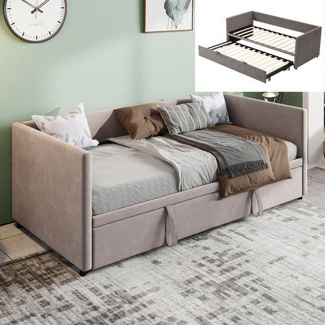 Canapé convertible velours 2 places, lit gigogne 90x200 cm/180x200 cm, avec canapé-lit extensible, sommier à lattes en bois - Gris (1/5)