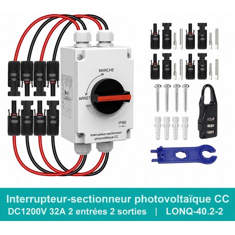 Interrupteur sectionneur photovoltaïque DC 1200V 32A 4P étanche IP66 avec accessoires lonq-40 m20.2 1100g 2 26 × 11 × 12 cm 1,1 kg – Livraison gratuite