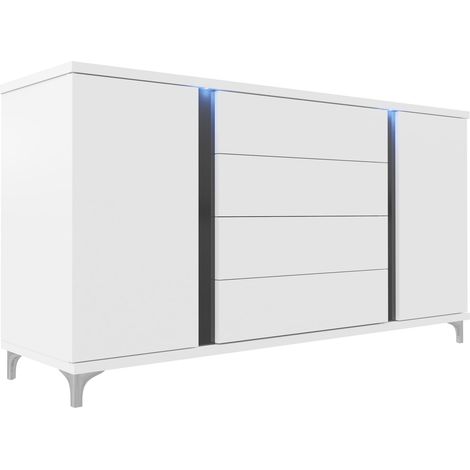 Cómoda Florem, Blanco + Blanco brillante + Negro brillante, Con cajones y puertas, Número de cajones: 4, 88x180x40cm, LED (1/3)