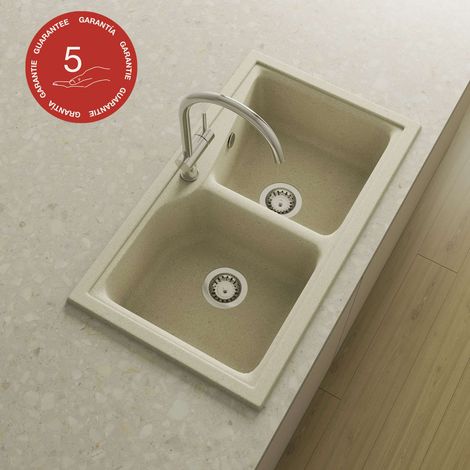 Evier à encastrer POALGI - CITY 322 - Granit - Beige Pumice - 86 cm - 2 bacs (1/5)