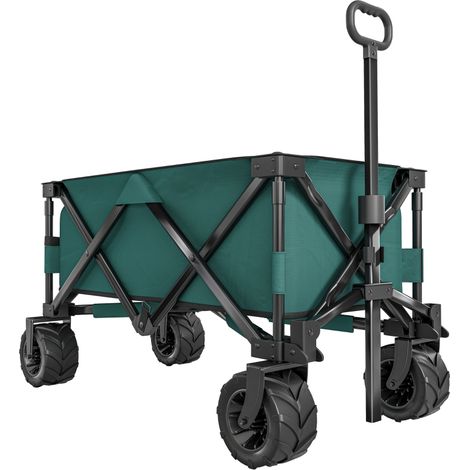 140L Festival Trolley on Wheels, Folding Camping Trolley Cart with Telescopic Handle, Big Wheels for Outdoor Garden Beach Fishing, Green