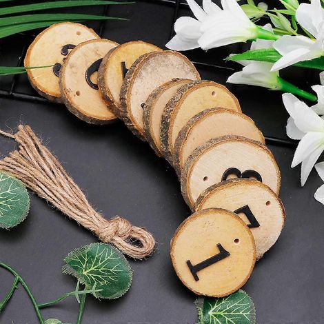10 rondelles de bois naturel imitation écorce d'arbre, numérotées de 1 à 10, pour la décoration de table de mariage. (1/4)