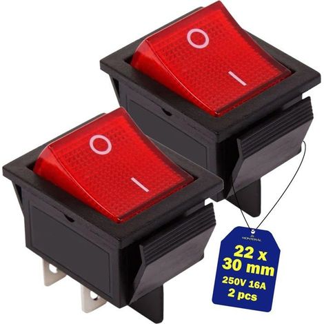 Interrupteur bipolaire lumineux rouge 250 V 16 A, boîtier noir, 4 broches Faston 6,3 mm pour panneau de commande (1/5)