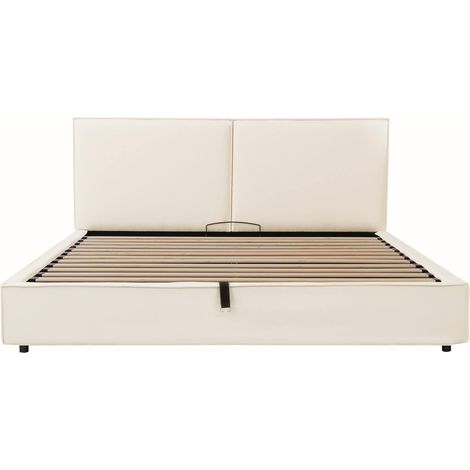 Cama tapizada 180 x 200 cm con somier y almacenaje hidráulico, lino, beige, MODENUIT (1/5)