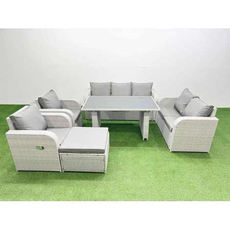 Fimous 8 Seater Garden Furniture Set PE Ratten Garden Sofa Set with Rectangular Dining Table Big Stool Light Grey (1/4)