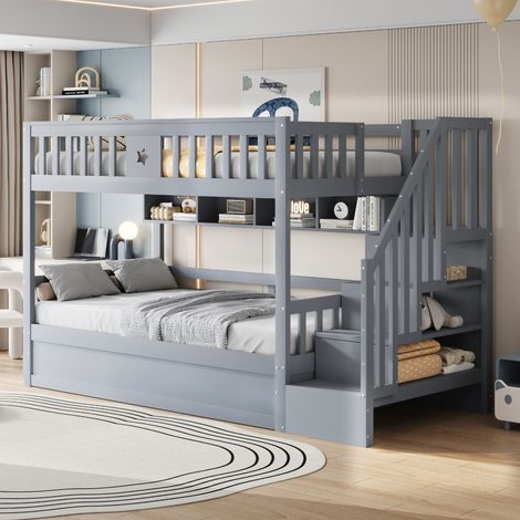 Lit superposé 90x200 cm avec étagères et escalier de rangement, en bois, gris, sans matelas (1/5)