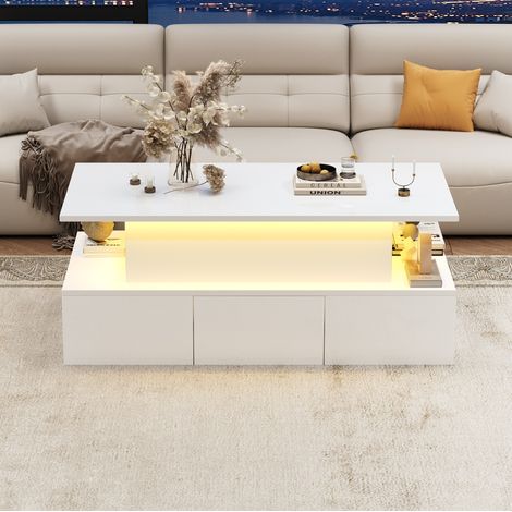 Mesa baja elevable 100x50x40 cm con 4 cajones e iluminación LED, puerto USB, estante abierto, almacenamiento oculto, en MDF, blanco (1/5)