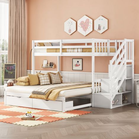 Letto a castello in pino bianco 90x200 cm con letto estraibile, 2 cassetti e rete a doghe inclusa (1/4)