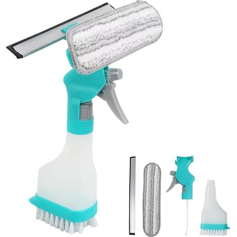Kit de nettoyage de vitres 4 en 1 : raclette professionnelle avec vaporisateur pour douches,miroirs,vitres,pare brise de voiture et plans de travail Outil de nettoyage pratique et facile à utiliser. (1/5)