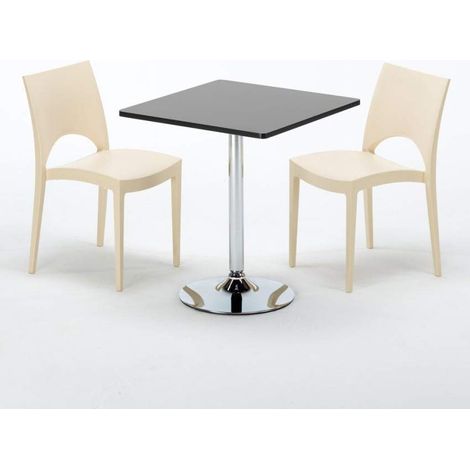 Tavolino Quadrato Nero 70x70 cm con 2 Sedie Colorate Paris Mojito - Beige (1/5)