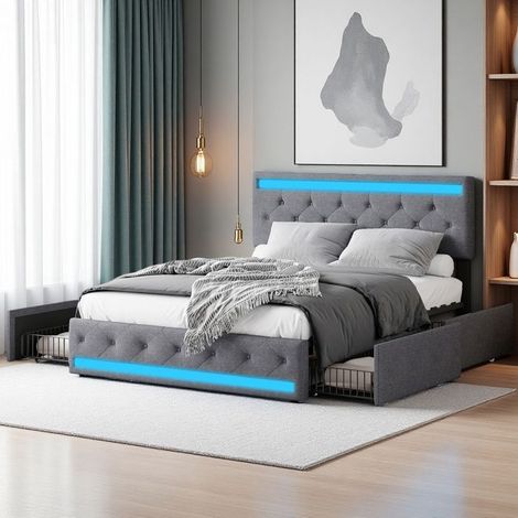 Lit Double LED Rangement Tiroirs 160x200cm - Éclairage RGB 6000 Couleurs - Tissu Lin - USB-C - Lit Adulte Gris Foncé Moderne
