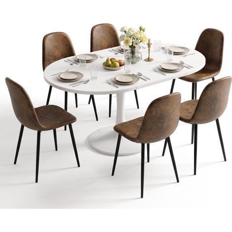 FurnitureR 7-Piece Dining Set, 100-140CM White Extendable Oval Table & 6 Brown Suede Chairs (1/5)