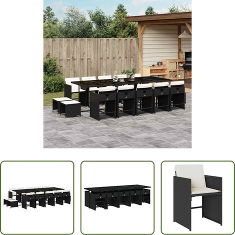 Chaises de jardin - Ensemble à manger de jardin 15 pcs coussins noir résine tressée (1/5)