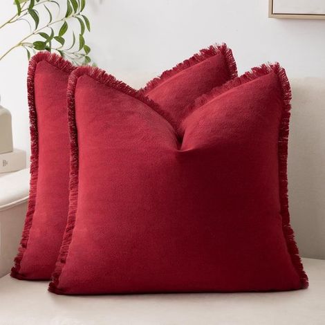 Taie d'oreiller - Lot de 2 - Rouge - Taie d'oreiller à pompons - Taie d'oreiller décorative style bohème (1/5)
