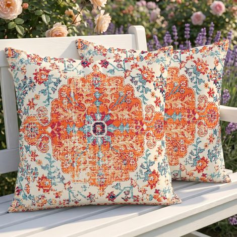 Lot de 2 Housses de Coussin Extérieur Imperméables 45x45 cm Motif Boho Vintage Rouge Double Face Design Été Coussin Canapé Décoratif pour Jardin Salon Balcon Camping (1/4)
