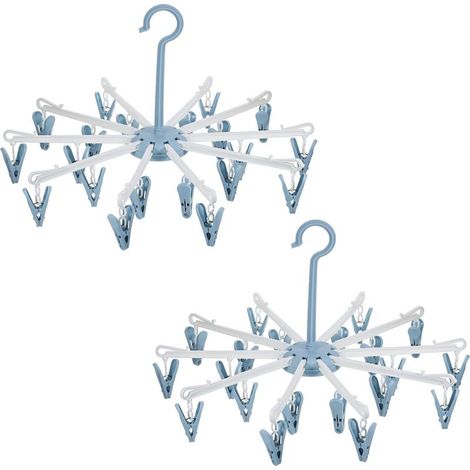2 Pièces Étendoir Chaussettes, Sechoir Chaussette avec 20 Clips, Sechoir a Linge Pliable, Pieuvre Linge Pivotante à 360 Degrés, Etendoir sous Vetement et Chaussettes pour Serviette (Bleu) (1/5)