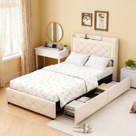 Lit90 x 200 cm, Lit simple 90x200 avec sommier, lit avec LED et 4 tiroirs, cadre de lit,  avec port USB, beige, velours
