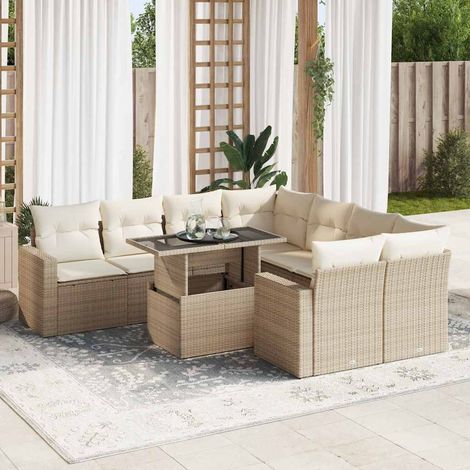 Salon de jardin 9 pièces en résine tressée beige avec coussins et table relevable, 86.3kg - PANGIVO (1/5)