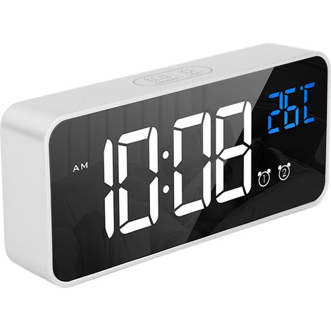 Digitale LED-Spiegeluhr, Doppelwecker, wiederaufladbar, Sprachsteuerung, silberfarben, für Schlafzimmer, Nachttisch, Büro (1/5)