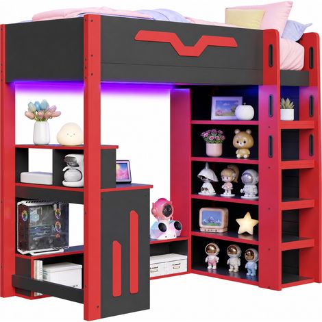 Lit mezzanine 90x200 avec bureau, rangements étagés, escalier avec espace de stockage et LED, structure bois et MDF noir et rouge  CHICFURN (1/5)