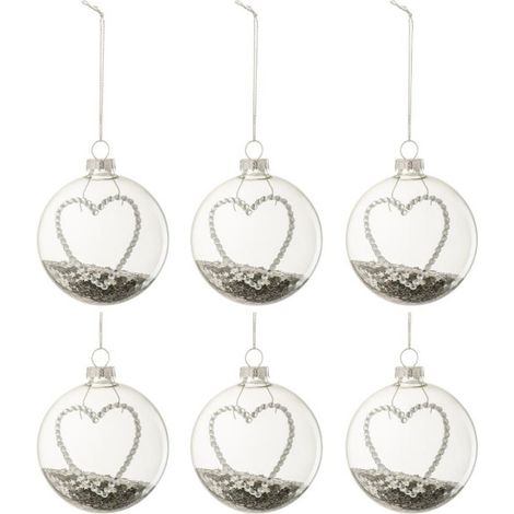 Lot de 6 Boules de Noël "Cœur Strass" 8cm Argent (1/2)