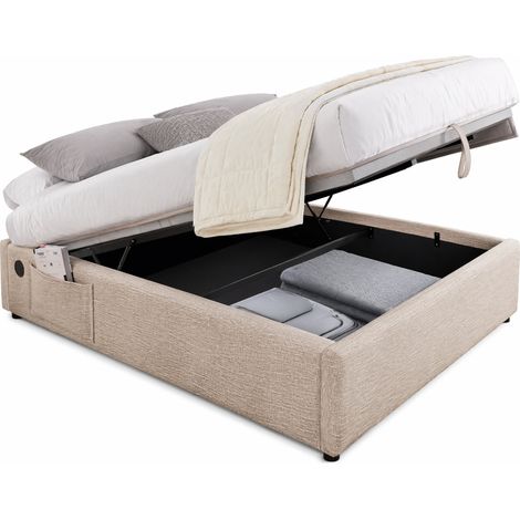 Lit coffre 140x200 cm sans tête de lit en tissu beige avec USB-C, rangement hydraulique, sommier plein antidérapant et poche latérale CHICFURN (1/5)