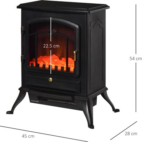 Poêle électrique à effet flamme, 1000W/2000W, avec protection contre la surchauffe et thermostat, en plastique ABS et verre, 45x28x54cm, noir. (1/5)