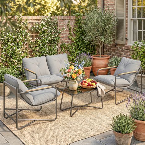 Salon de Jardin 4 Pièces Ensemble avec Canapé 2 Places, 2 Fauteuils et Table Basse Verre Trempé Coussins 13cm Gris Clair (1/5)