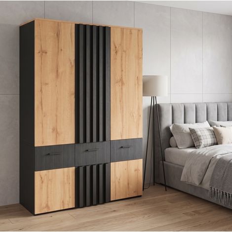 MODFU – Armadio contenitore 135x50x200 cm in MDF/truciolato con 2 appendiabiti, 3 cassetti, 6 nicchie e carico 30/20 kg – Nero/legno naturale (1/5)