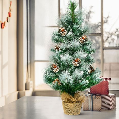 Arbre de Noël Artificiel 60 Cm avec Aiguilles Enneigées Pommes de Pin Arbre de Noël Artificiel de Table Pied En Ciment Avec Toile de Lin (1/3)