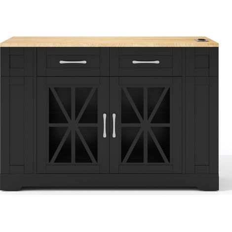 Isola cucina mobile 120 cm in MDF con piano ribaltabile, USB, AC, vetri e ruote (1/5)