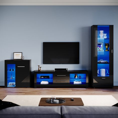 ELEGANT Living Room Set Modern High Gloss Fronts with LED Light, 1600mm TV Stand, Display Cabinet with Glass Shelf Tall Storage Cabinet Sideboard Cupboard, Black (1/5)