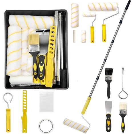 Kit de peinture 17 pièces - Rouleaux 23 cm et 10 cm, bac, brosse, perche télescopique 1,5 m - Anti-gouttes - pour murs et plafonds (1/5)